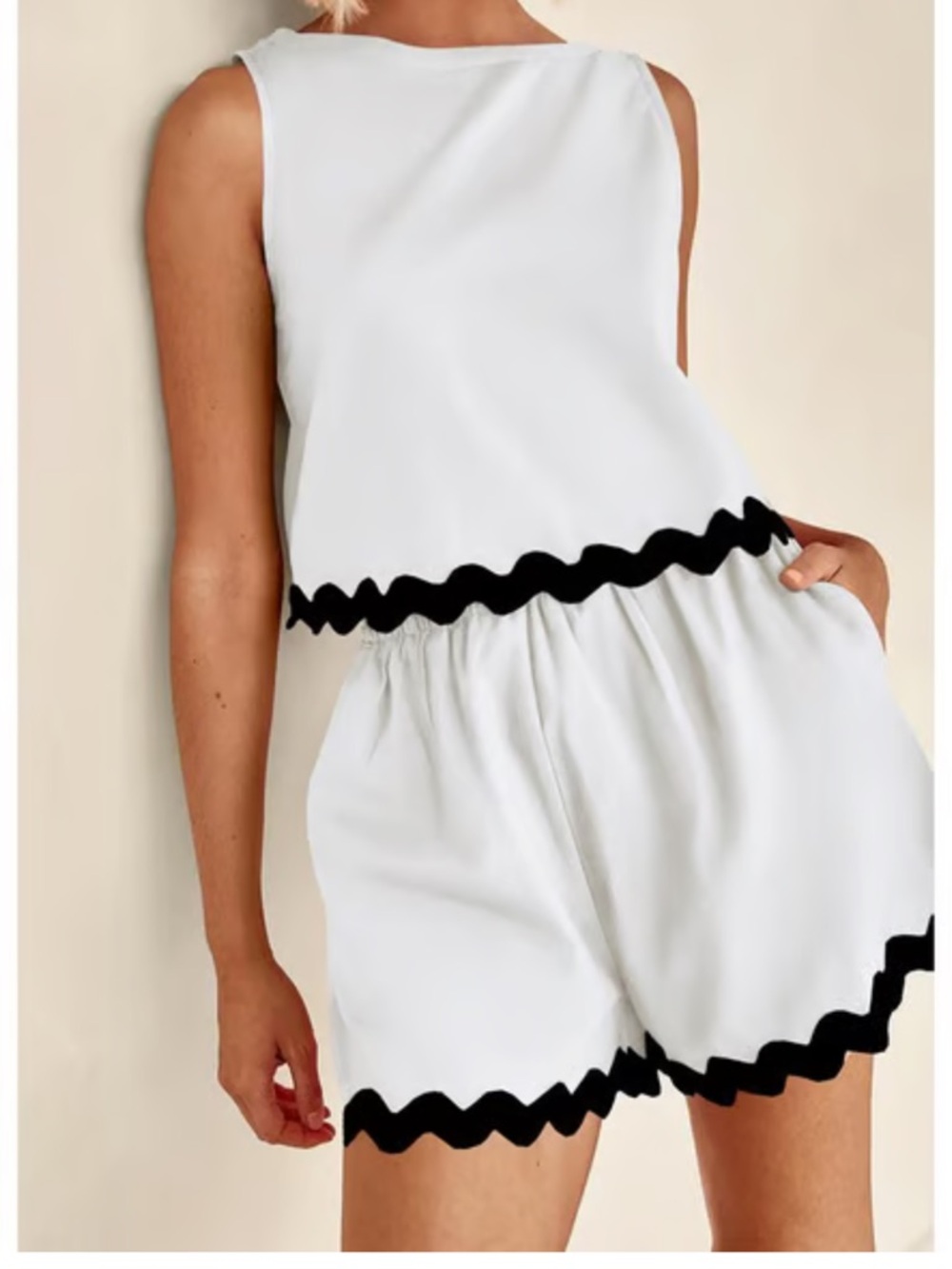 White Two-Piece Scallop-Trim Romantic Crop Top & Shorts Set